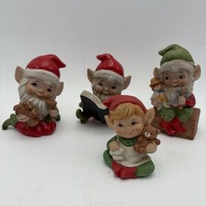 Vintage Christmas Elf Homco Set of 4‎ Elves Bisque Porcelain Toymakers Taiwan